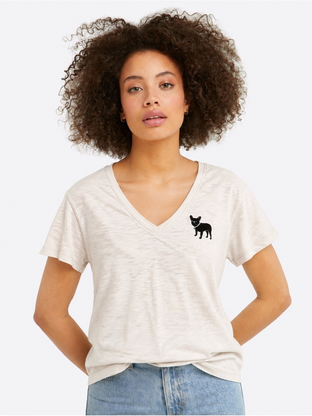 Draper James Cream V-Neck Tee with Small Black Cat Graphic